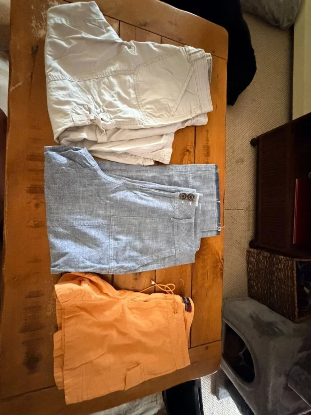 3-Piece Womens Shorts & Pants Bundle - Beige Cargo Blue Chambray Orange Drawstri